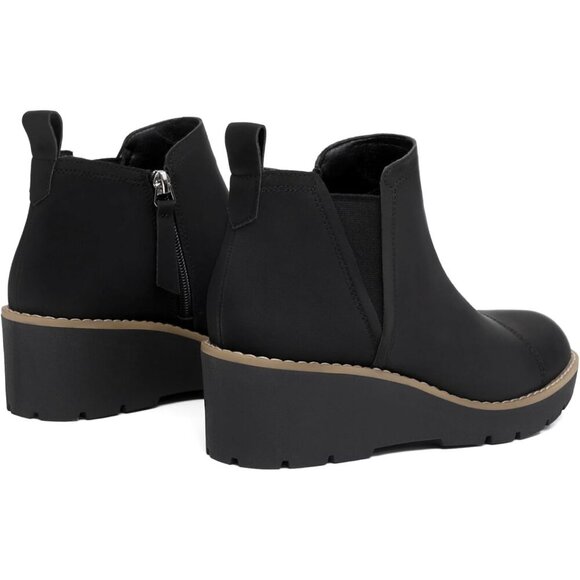 Women's Black Wedge Chelsea Boots Lug Sole Platform Ankle Booties Zipper - Picture 5 of 6